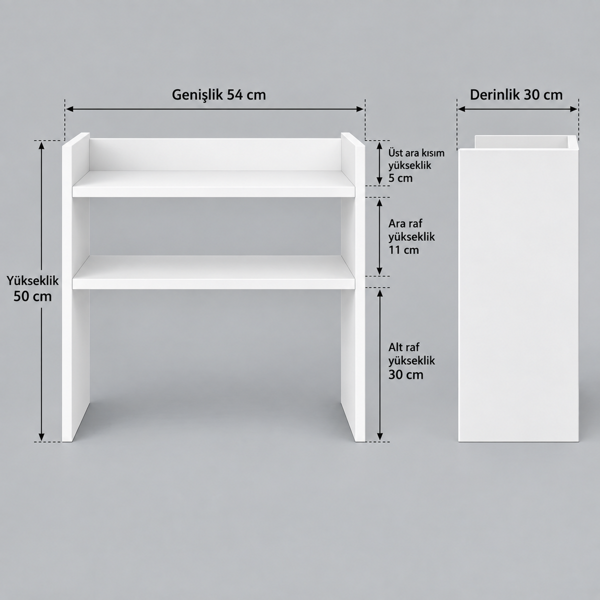 Beyaz mikrodalga fırın rafı teknik ölçüleri 54 cm genişlik 30 cm derinlik 50 cm yükseklik