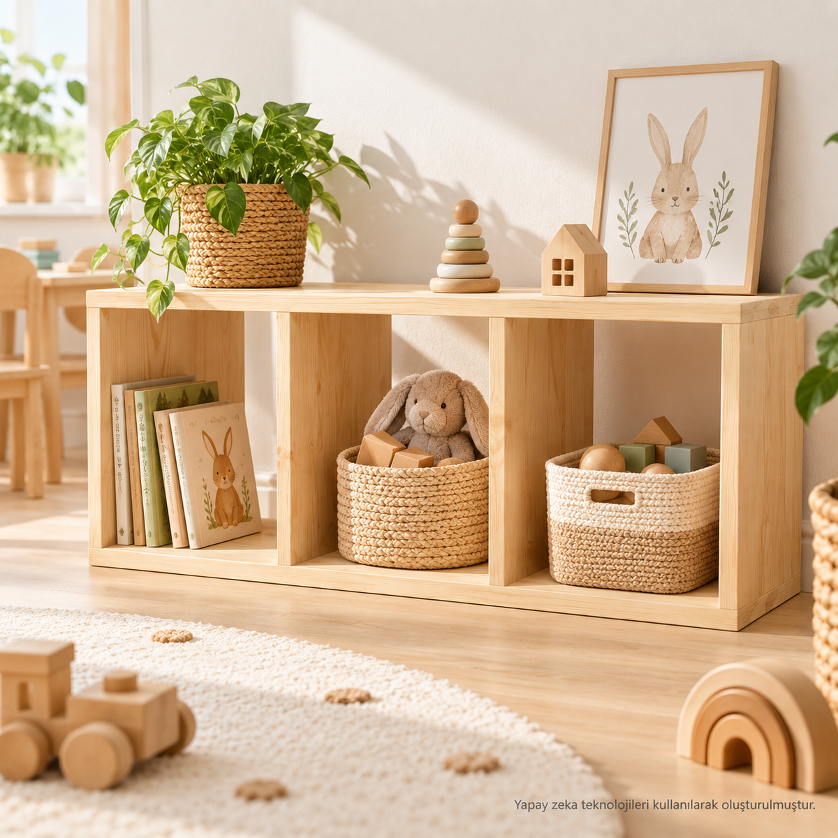 Montessori 3 Bölmeli Doğal Ahşap Saklama Ünitesi çocuk odası kullanım görseli