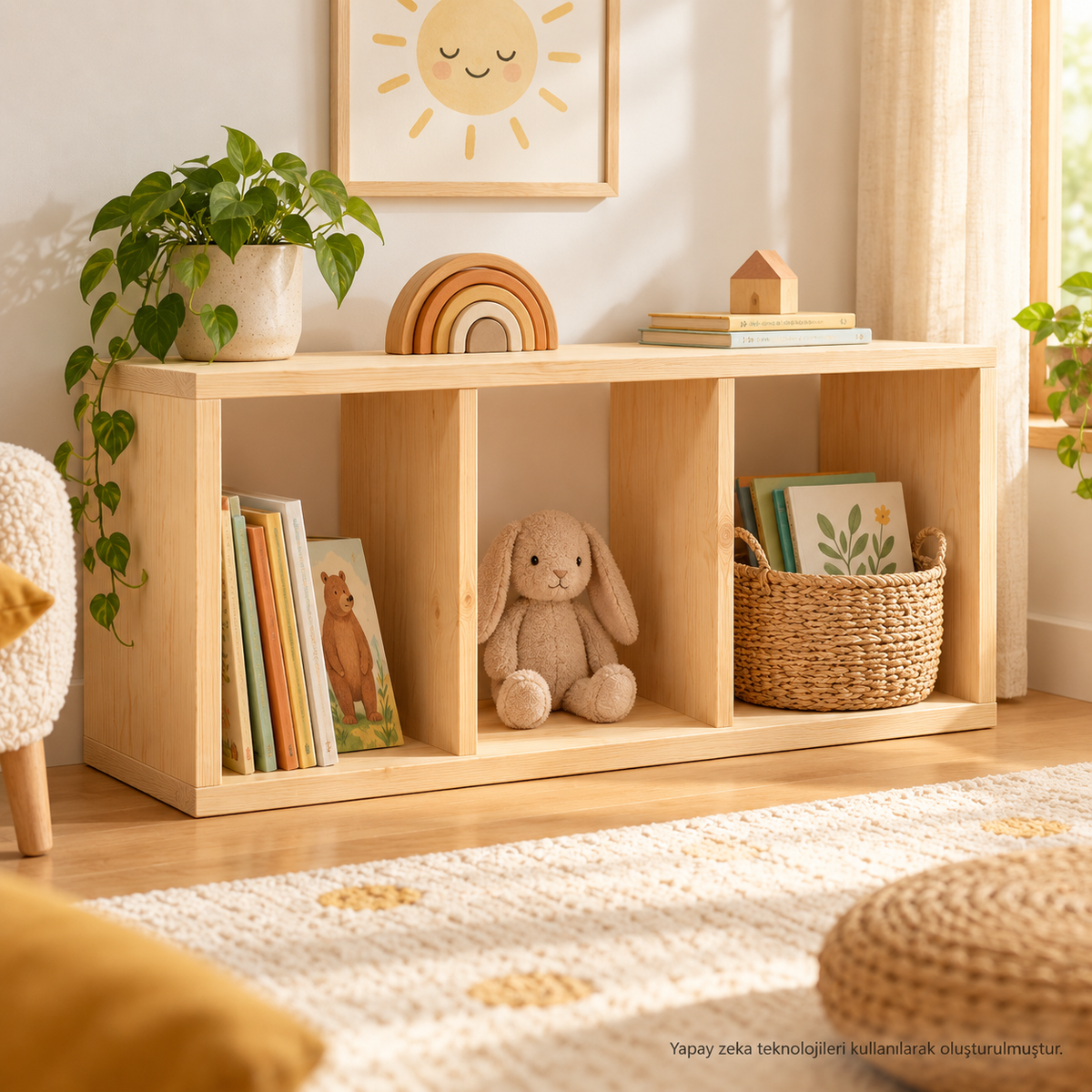Montessori 3 Bölmeli Doğal Ahşap Saklama Ünitesi Montessori okuma köşesi