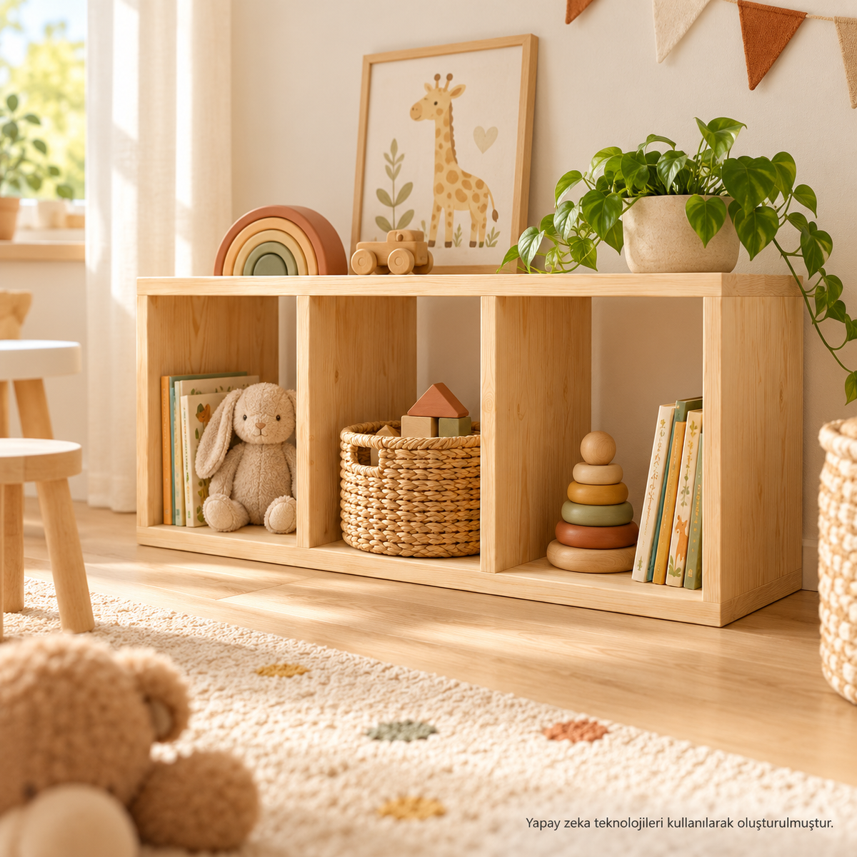Montessori 3 Bölmeli Doğal Ahşap Saklama Ünitesi çocuk odası rafı