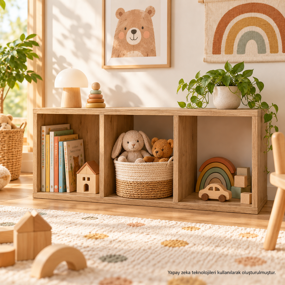 Montessori 3 Bölmeli Saklama Ünitesi Atlantik Çam çocuk odası kullanım görseli