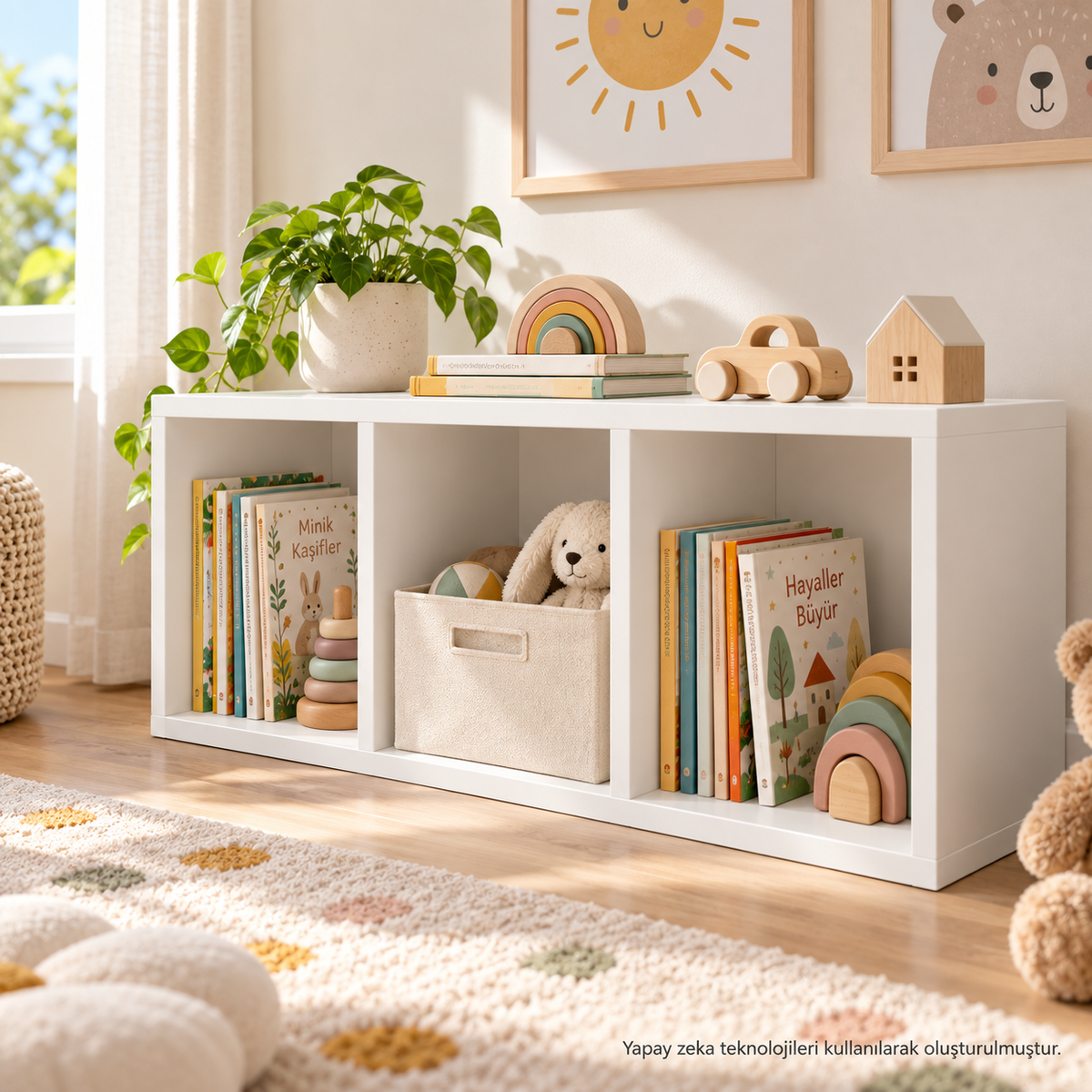 Montessori 3 Bölmeli Saklama Ünitesi Atlantik Çam oyuncak rafı kullanım görseli