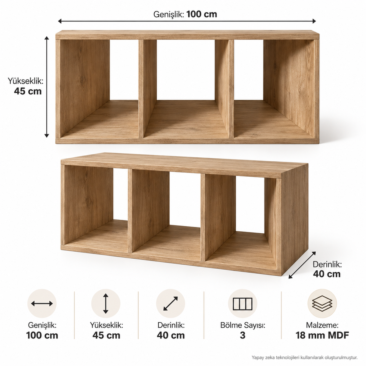 Montessori 3 Bölmeli Saklama Ünitesi Atlantik Çam 100x45x40 cm 18 mm MDF teknik ölçü