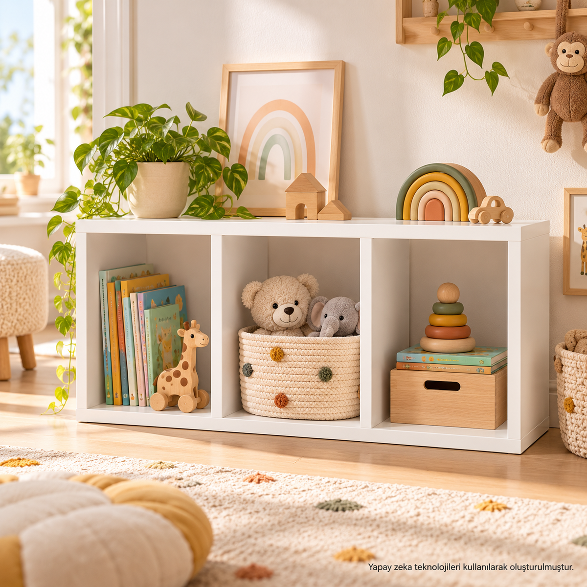 Montessori 3 Bölmeli Saklama Ünitesi Beyaz çocuk odası kullanım görseli