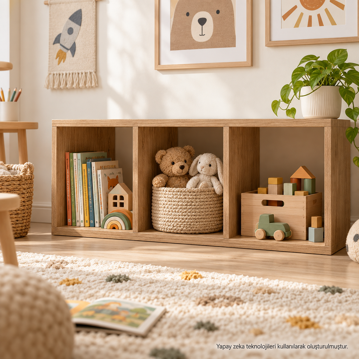 Montessori 3 Bölmeli Saklama Ünitesi Beyaz oyuncak rafı kullanım görseli