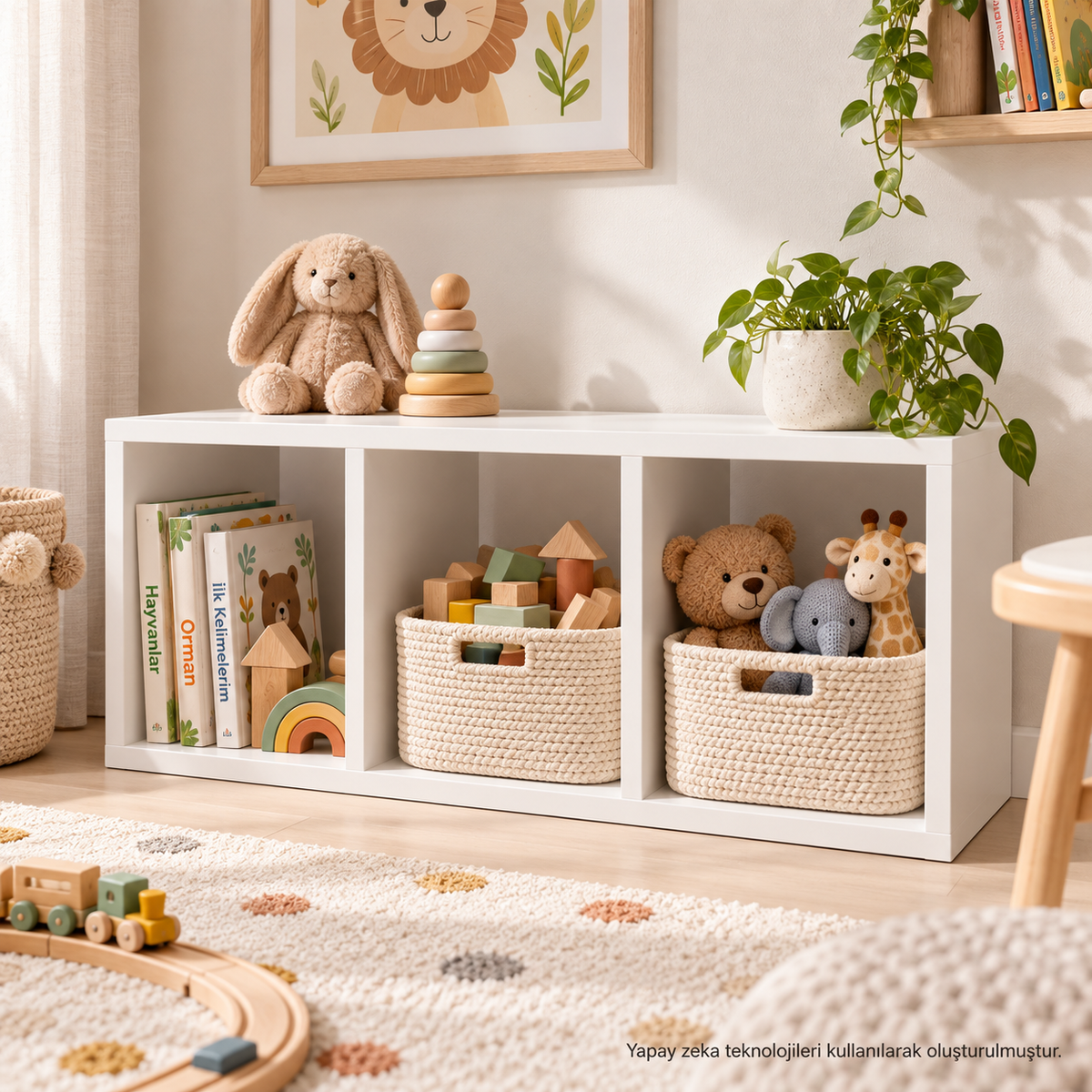 Montessori 3 Bölmeli Saklama Ünitesi Beyaz dekoratif çocuk odası kullanımı