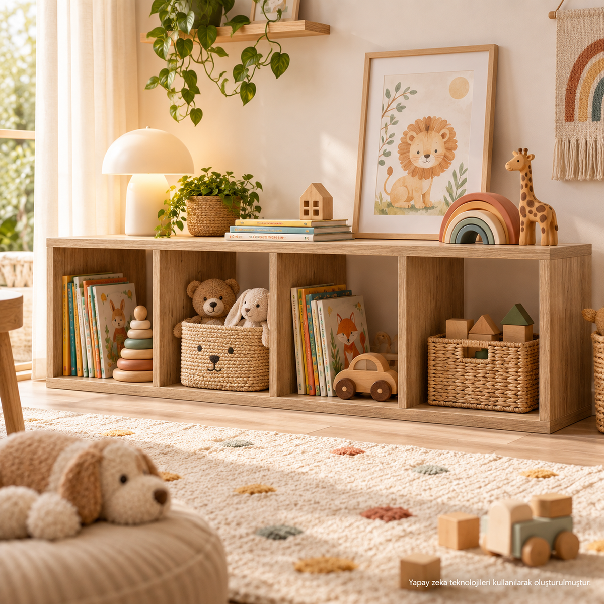 Montessori 4 Bölmeli Saklama Ünitesi Atlantik Çam çocuk odası kullanım görseli 1