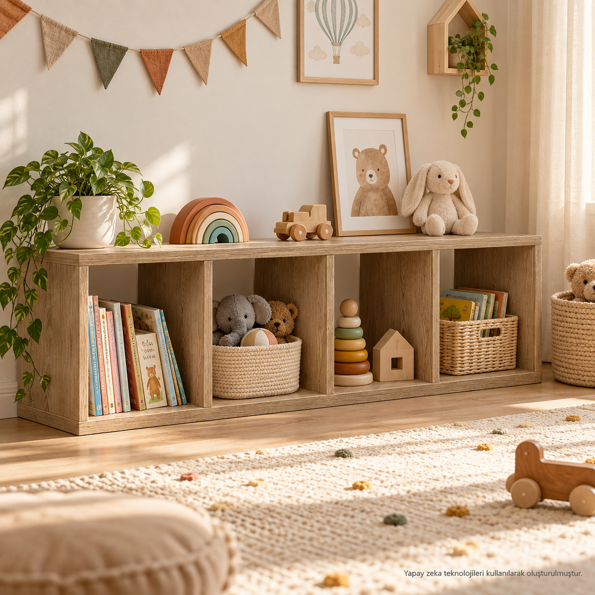 Montessori 4 Bölmeli Saklama Ünitesi Atlantik Çam çocuk odası kullanım görseli 3