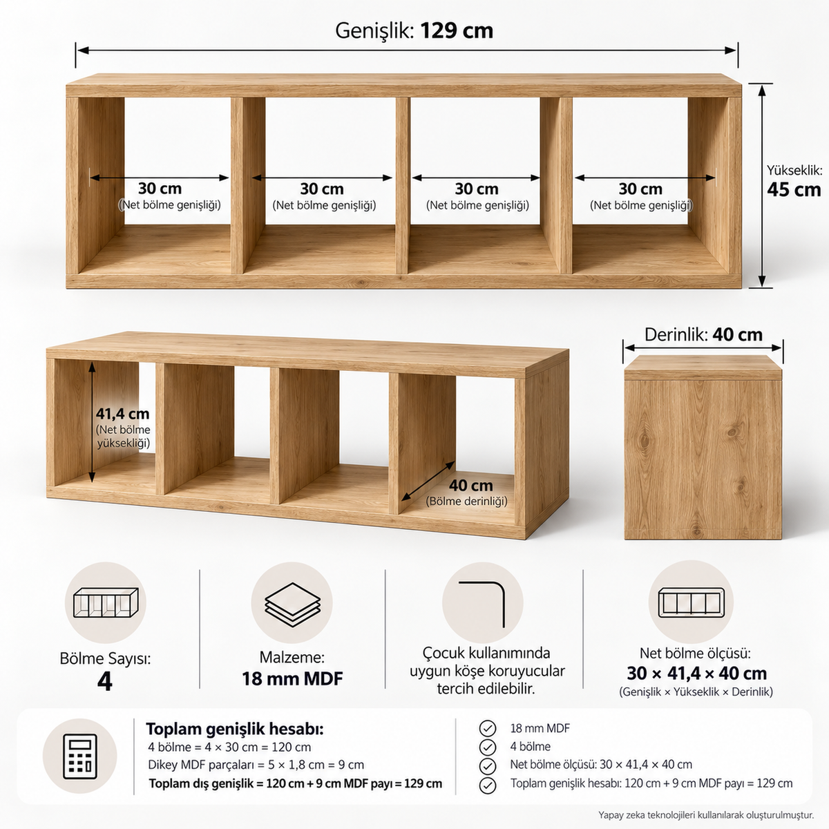 Montessori 4 Bölmeli Saklama Ünitesi Atlantik Çam 129x45x40 cm 18 mm MDF teknik ölçü