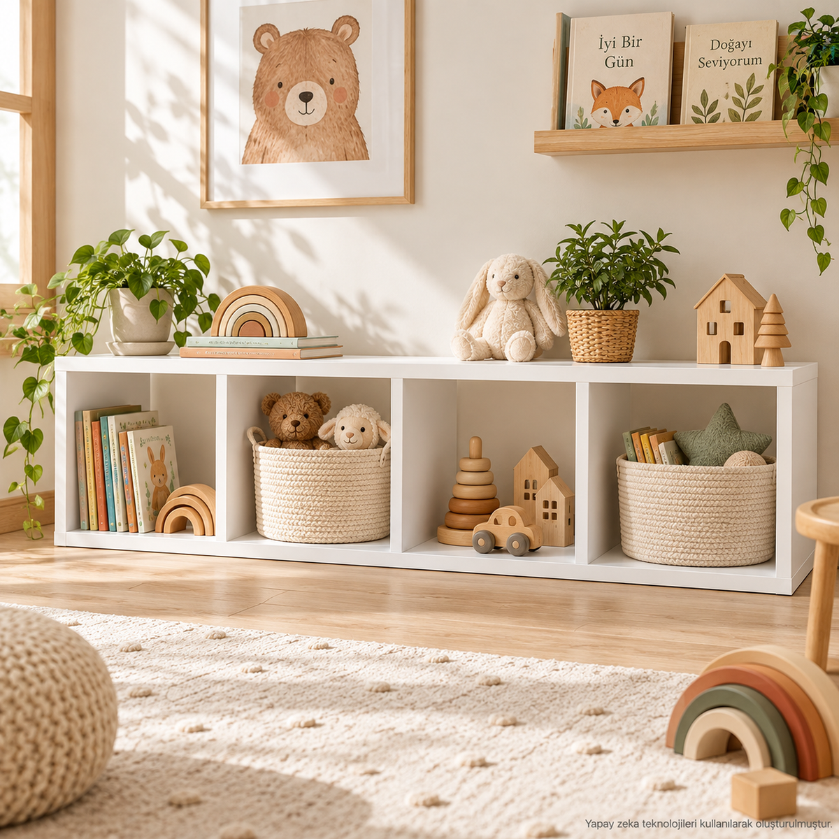 Montessori 4 Bölmeli Saklama Ünitesi Beyaz çocuk odası kullanım görseli 1