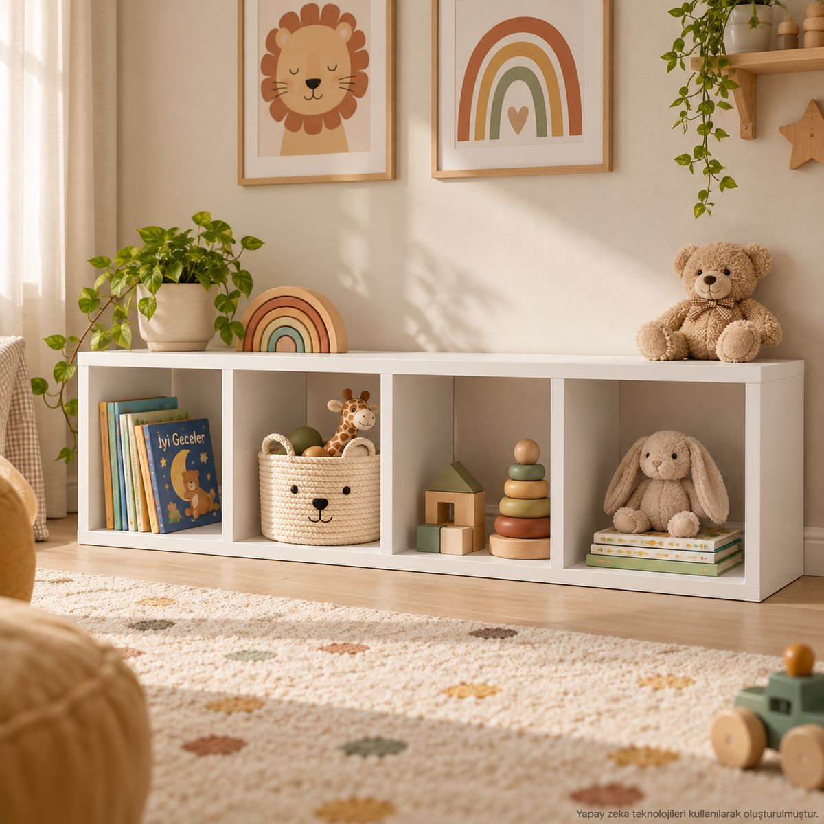 Montessori 4 Bölmeli Saklama Ünitesi Beyaz çocuk odası kullanım görseli 2