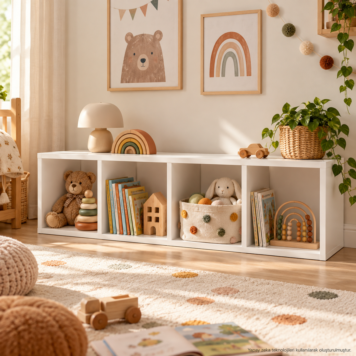 Montessori 4 Bölmeli Saklama Ünitesi Beyaz çocuk odası kullanım görseli 3