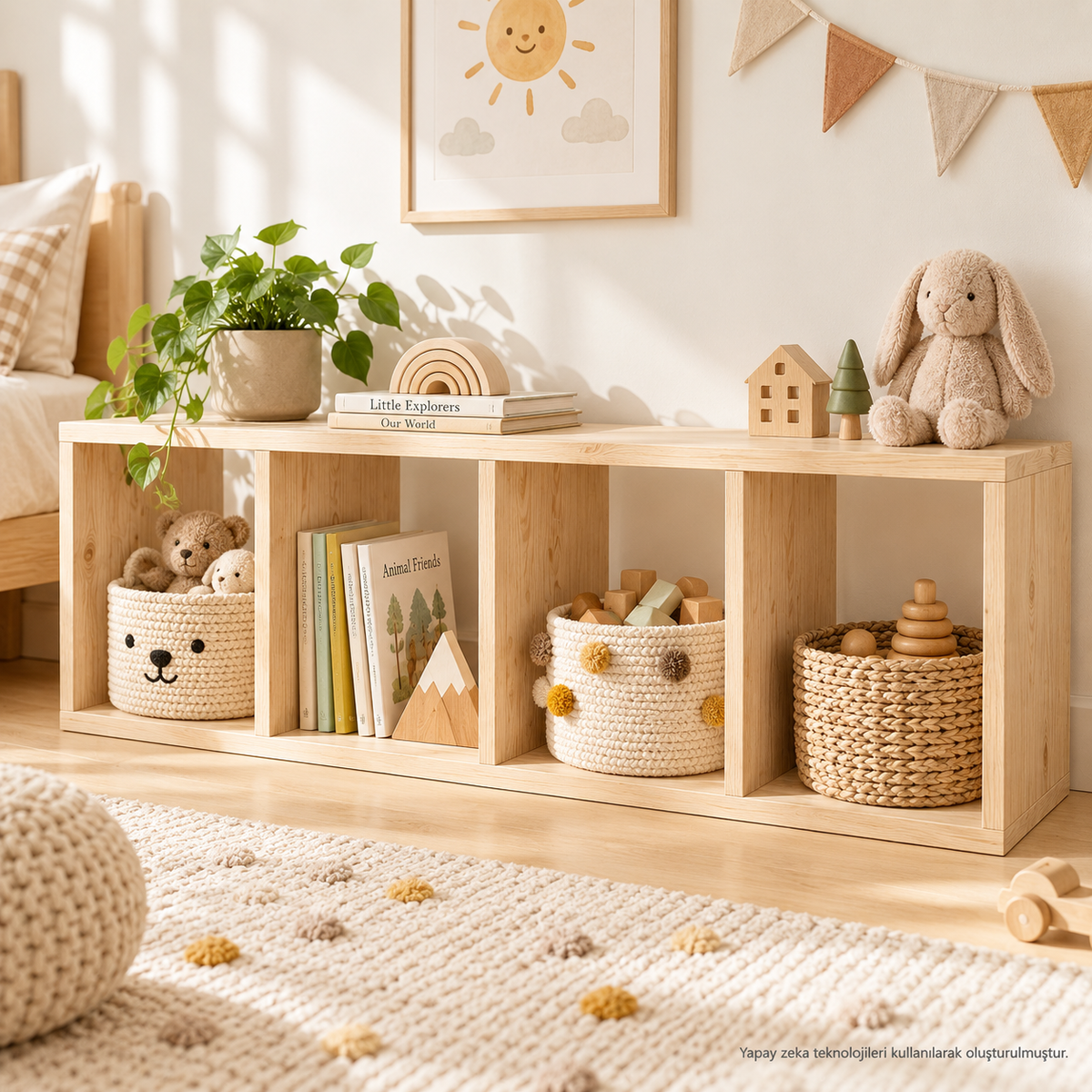 Montessori 4 Bölmeli Doğal Ahşap Saklama Ünitesi çocuk odası kullanım görseli