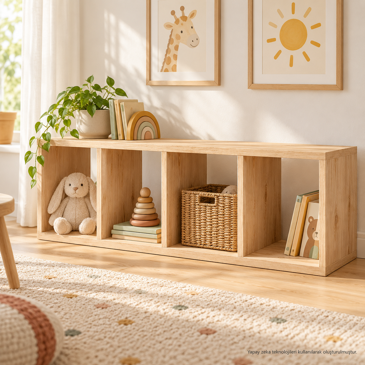 Montessori 4 Bölmeli Doğal Ahşap Saklama Ünitesi Montessori çocuk odası