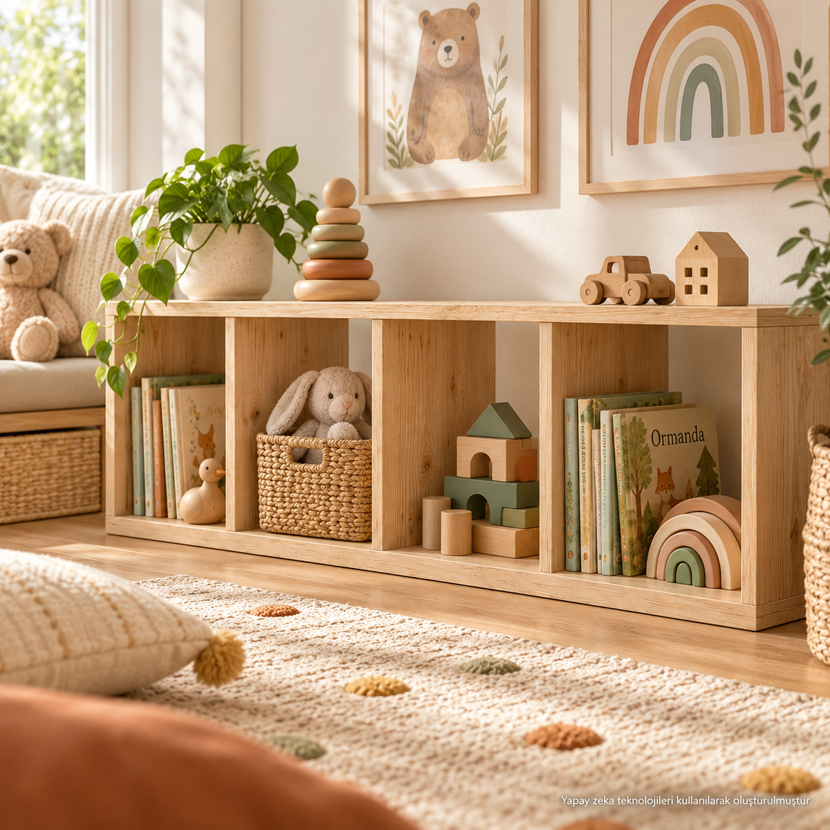Montessori 4 Bölmeli Doğal Ahşap Saklama Ünitesi çocuk odası raf görseli