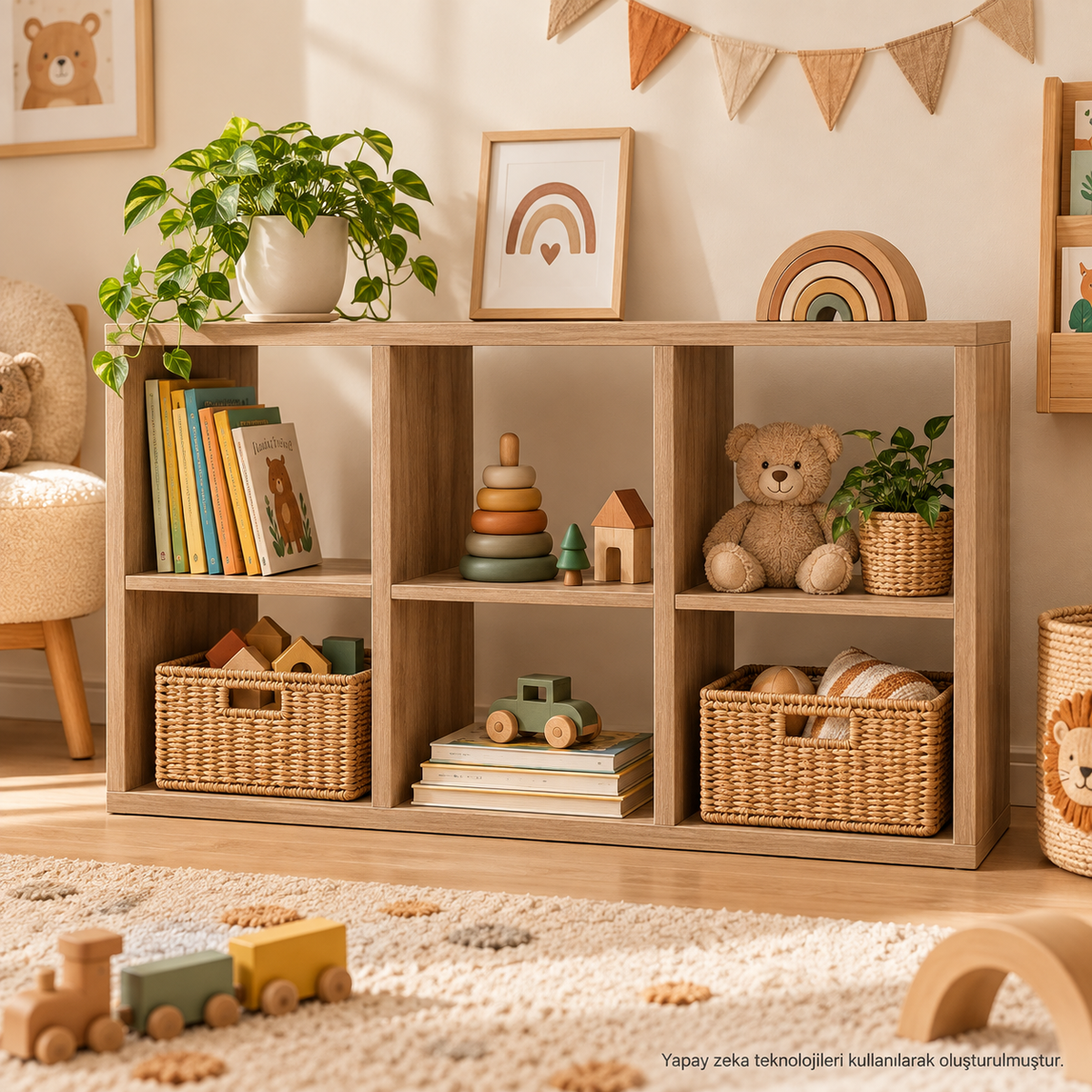 Montessori 6 Bölmeli Saklama Ünitesi Atlantik Çam açık sırt lifestyle