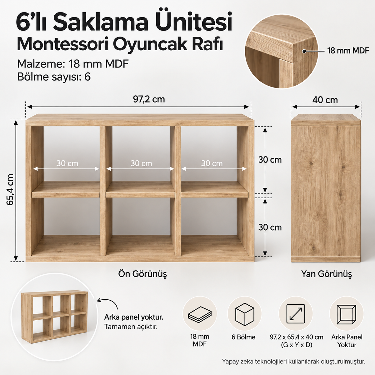 Montessori 6 Bölmeli Saklama Ünitesi Atlantik Çam açık sırt teknik ölçü