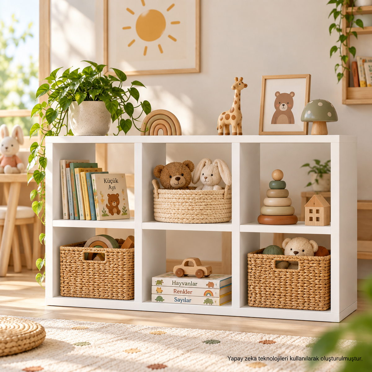 Montessori 6 Bölmeli Saklama Ünitesi Beyaz açık sırt oyun odası
