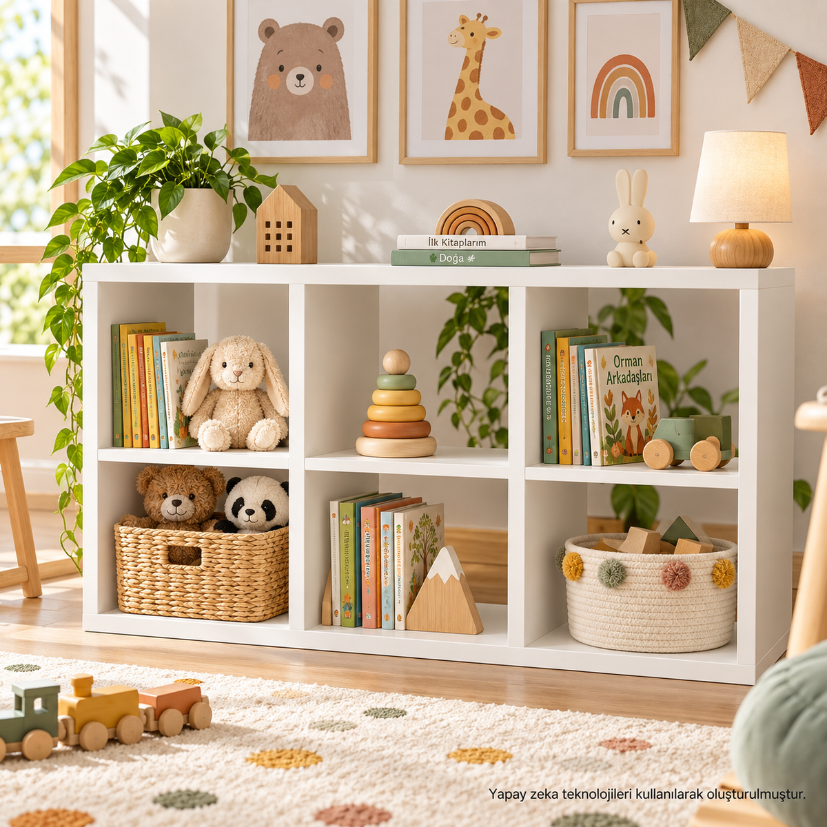 Montessori 6 Bölmeli Saklama Ünitesi Beyaz açık sırt raf düzeni