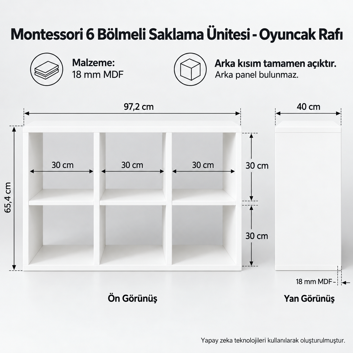 Montessori 6 Bölmeli Saklama Ünitesi Beyaz açık sırt teknik ölçü