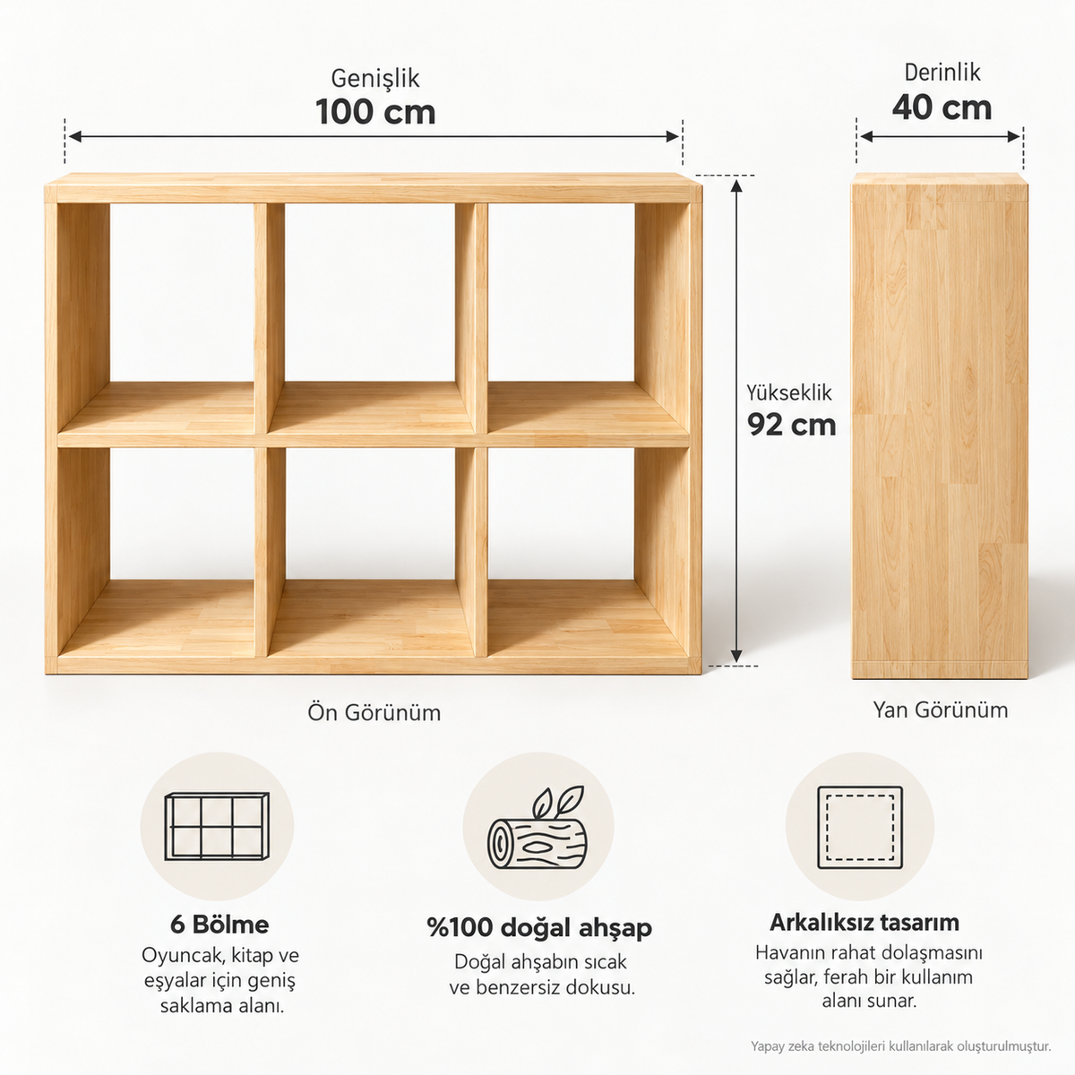 Montessori 6 Bölmeli Doğal Ahşap Saklama Ünitesi 100x92x40 cm teknik ölçü