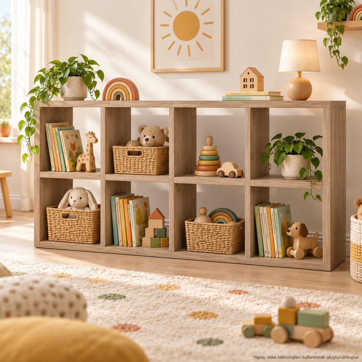 Montessori 8 Bölmeli Saklama Ünitesi Atlantik Çam çocuk odası kullanım görseli