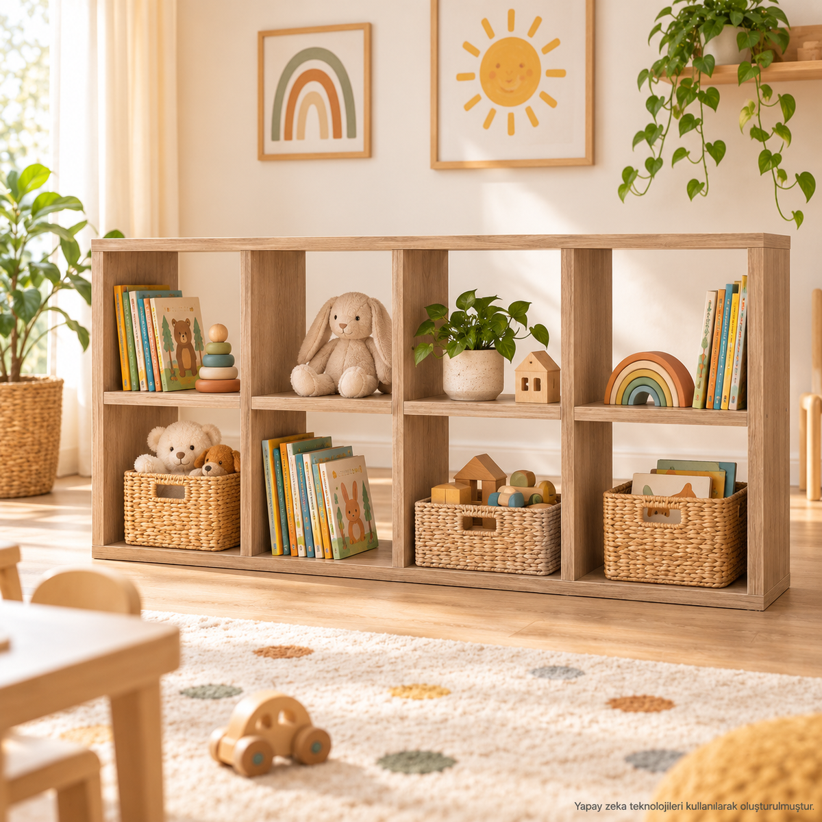 Montessori 8 Bölmeli Saklama Ünitesi Atlantik Çam oyuncak rafı kullanım görseli