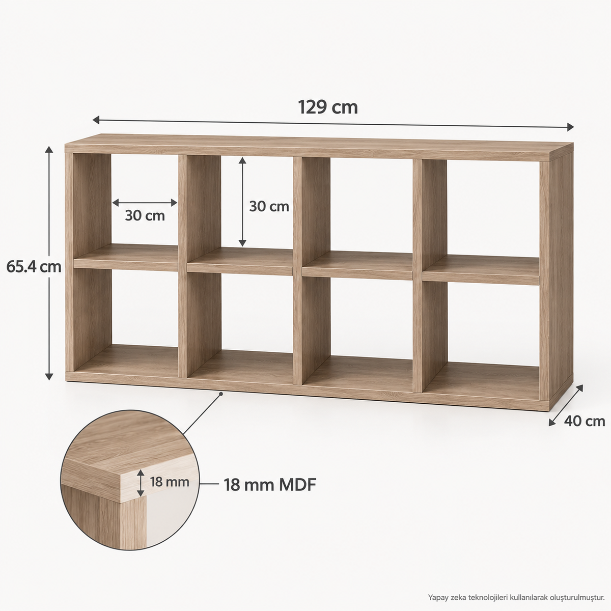 Montessori 8 Bölmeli Saklama Ünitesi Atlantik Çam 129x65,4x40 cm 18 mm MDF teknik ölçü