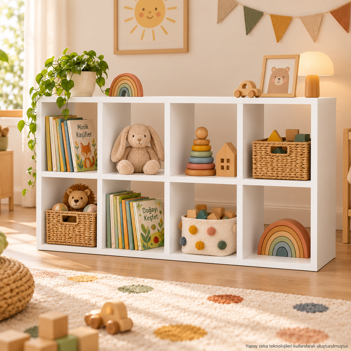 Montessori 8 Bölmeli Saklama Ünitesi Beyaz çocuk odası kullanım görseli