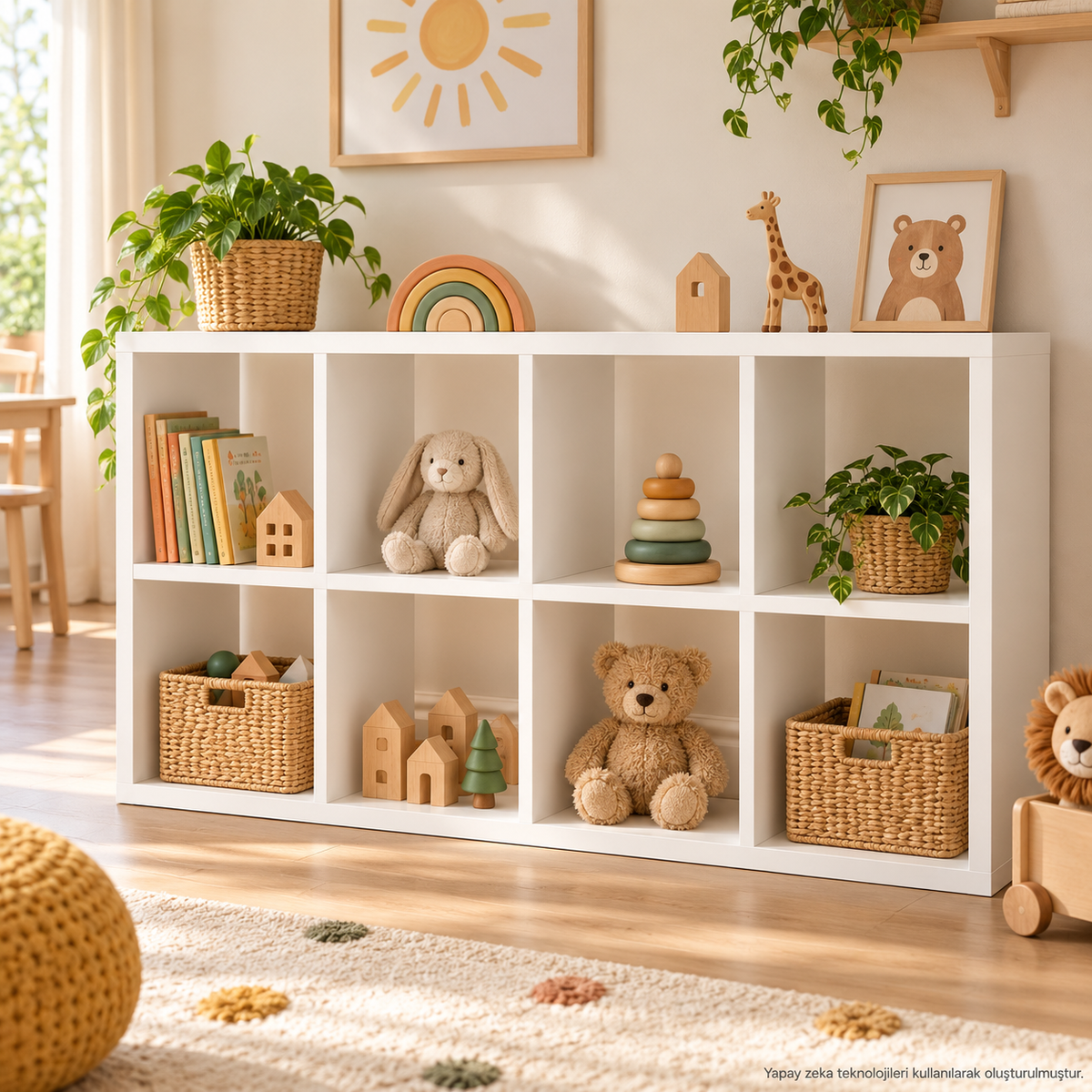 Montessori 8 Bölmeli Saklama Ünitesi Beyaz oyuncak rafı kullanım görseli