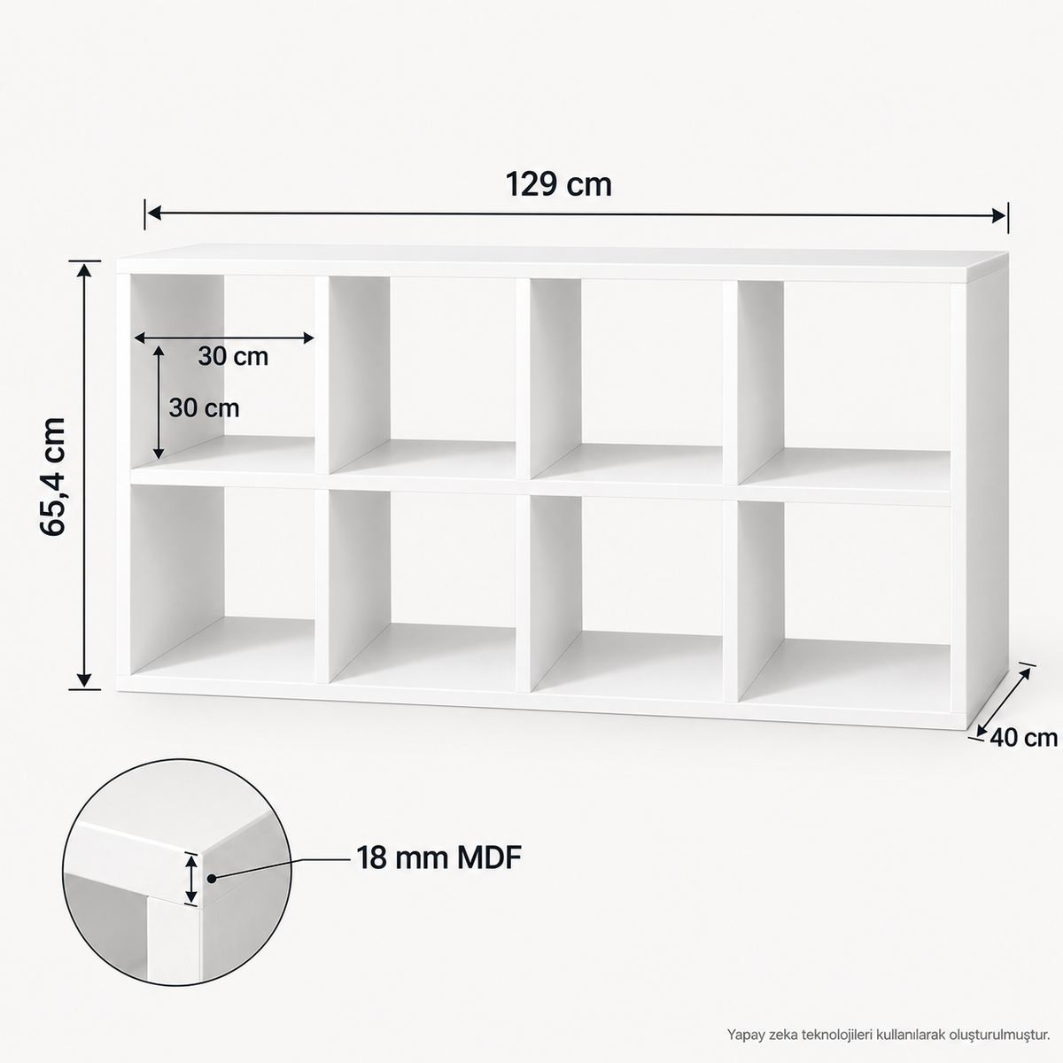 Montessori 8 Bölmeli Saklama Ünitesi Beyaz 129x65,4x40 cm 18 mm MDF teknik ölçü