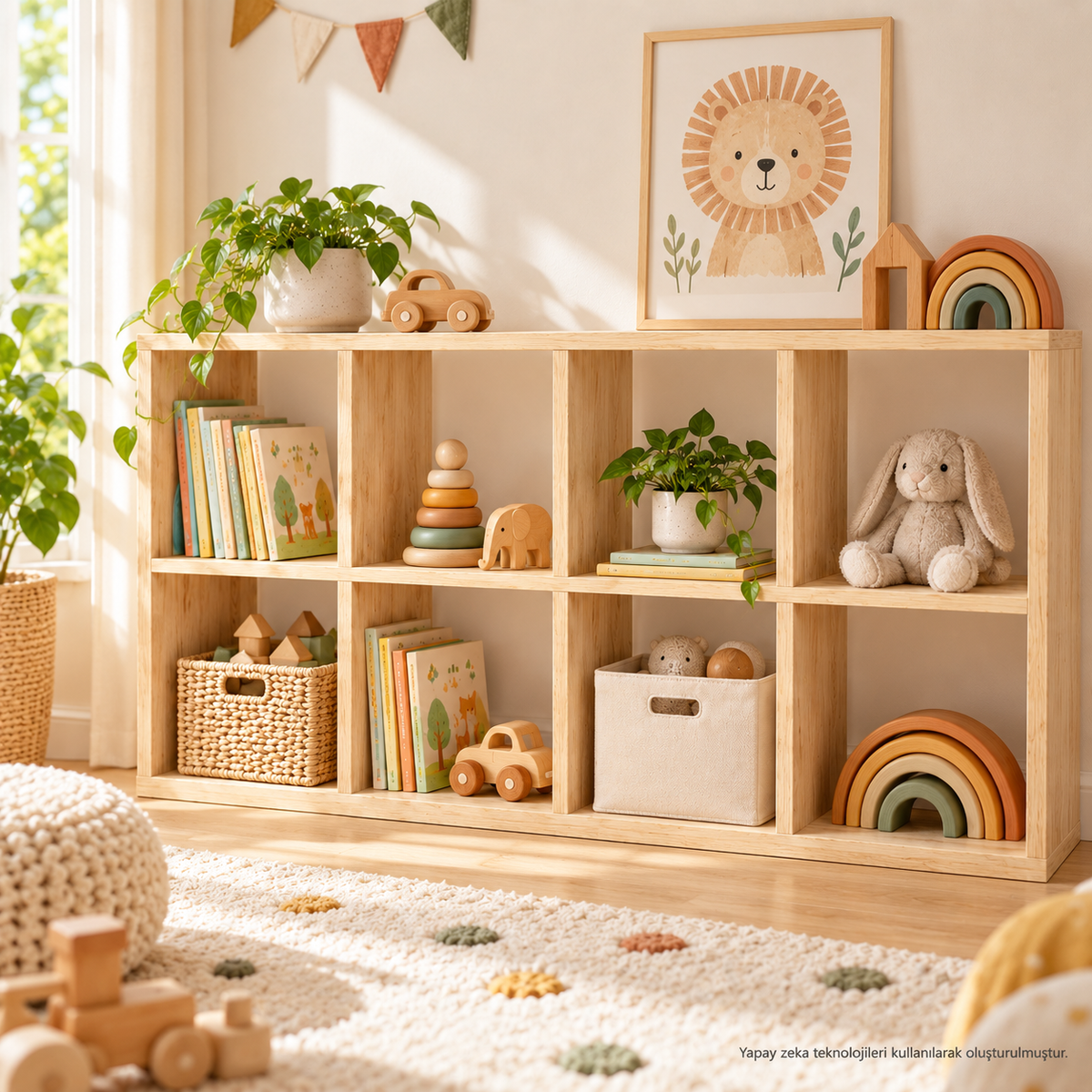 Montessori 8 Bölmeli Doğal Ahşap Saklama Ünitesi çocuk odası kullanım görseli