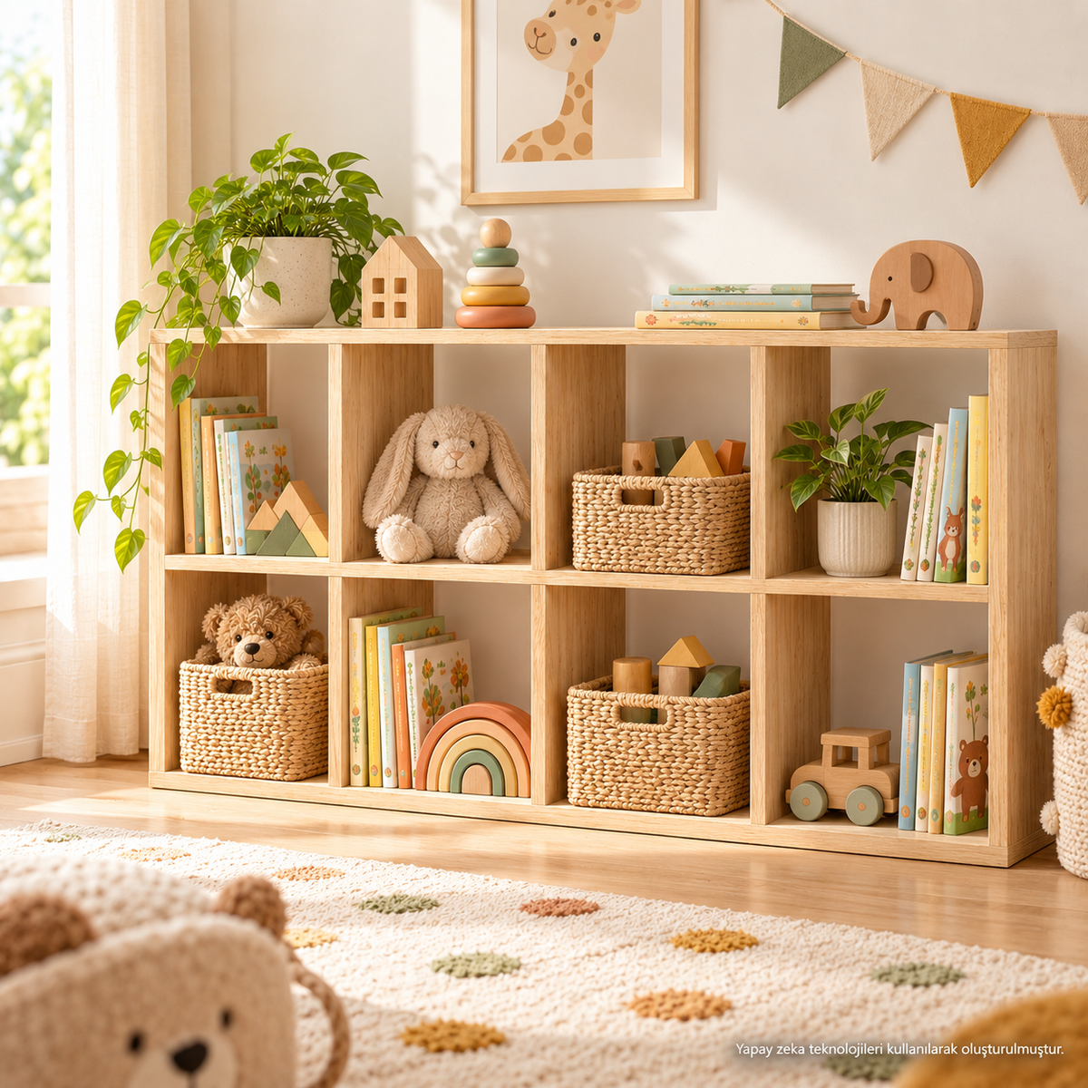 Montessori 8 Bölmeli Doğal Ahşap Saklama Ünitesi Montessori çocuk odası