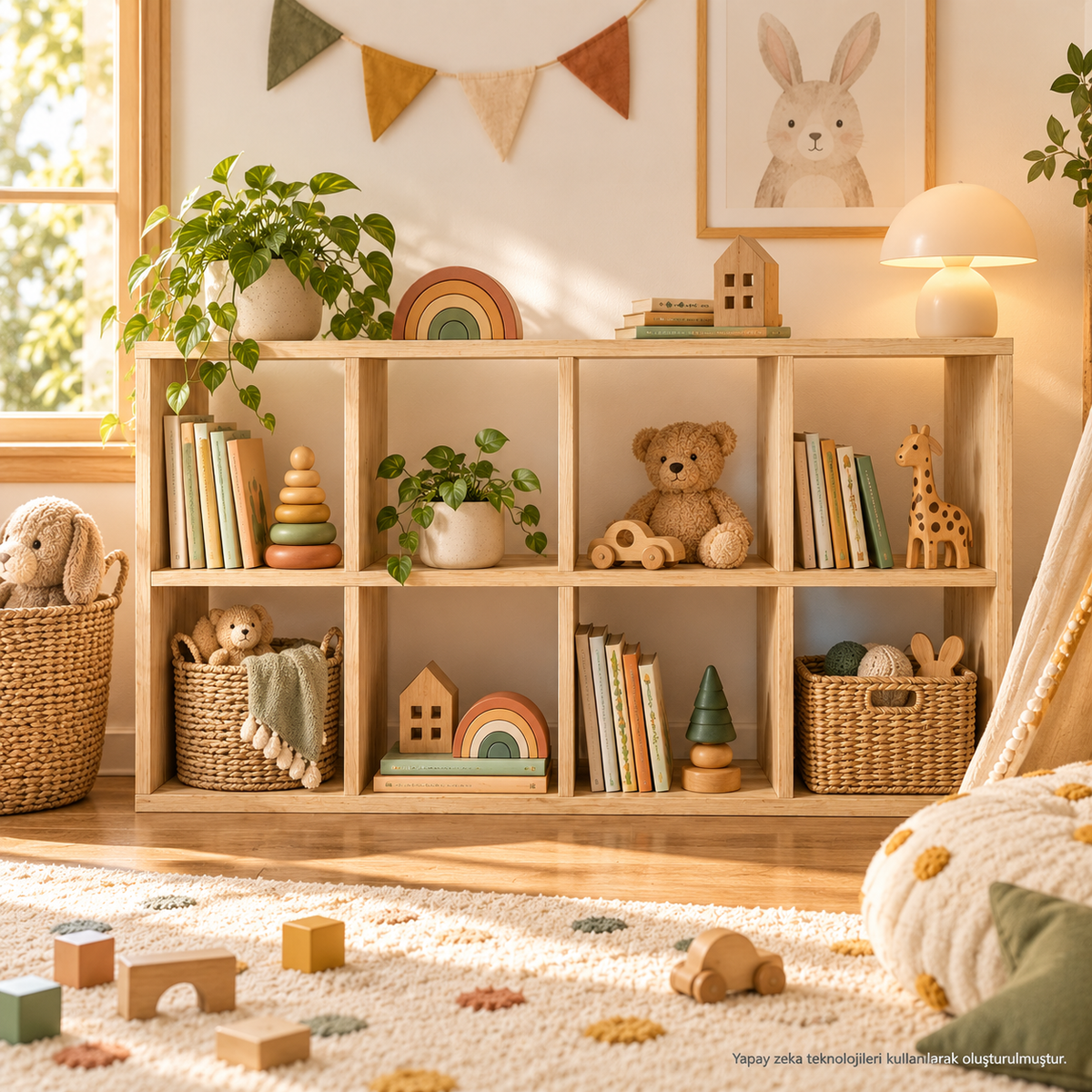 Montessori 8 Bölmeli Doğal Ahşap Saklama Ünitesi çocuk odası raf görseli