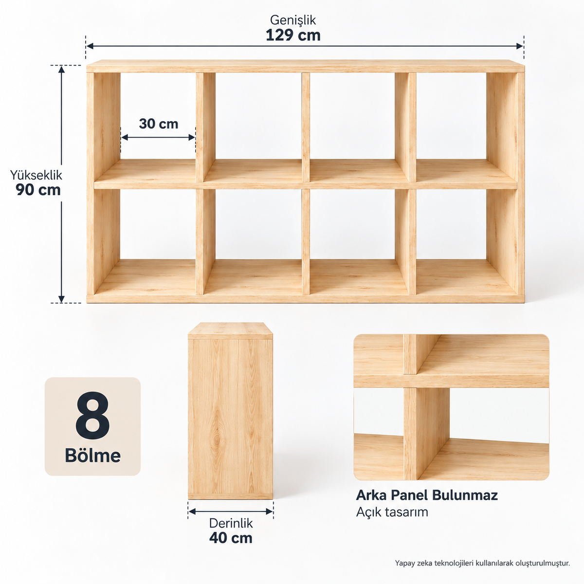 Montessori 8 Bölmeli Doğal Ahşap Saklama Ünitesi 129x90x40 cm teknik ölçü