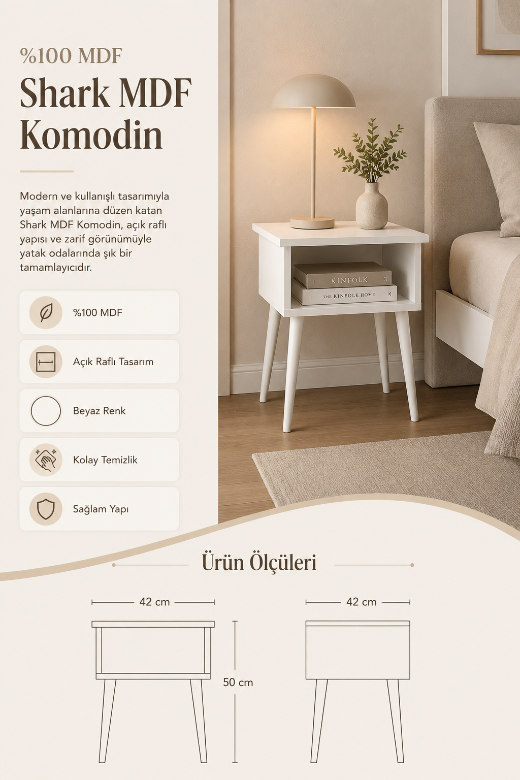 %100 Mdf Shark Mdf Komodin 42x42 Beyaz