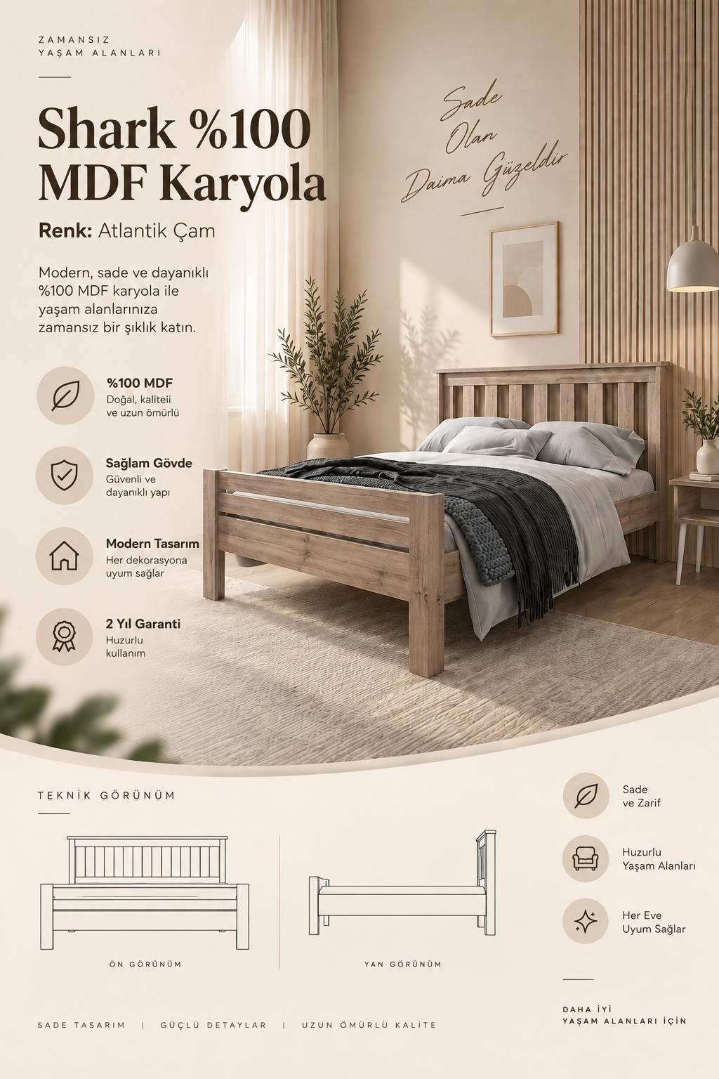 Shark MDF Karyola Atlantik Çam