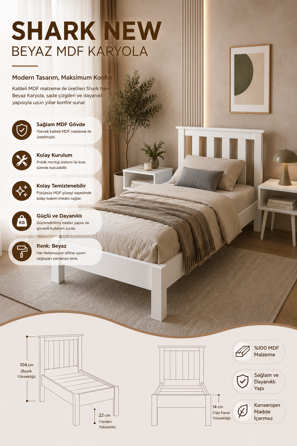 Shark New MDF Karyola ve 2 Komodinli Set 90x190 Beyaz
