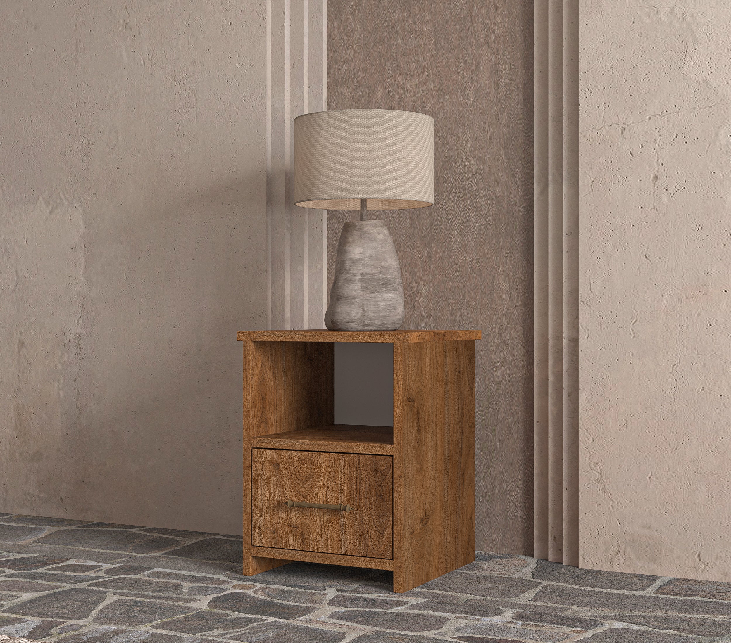 Soft Wood Model Ceviz Renk Çekmeceli Masif Ahşap Komodin 42x42 Ceviz