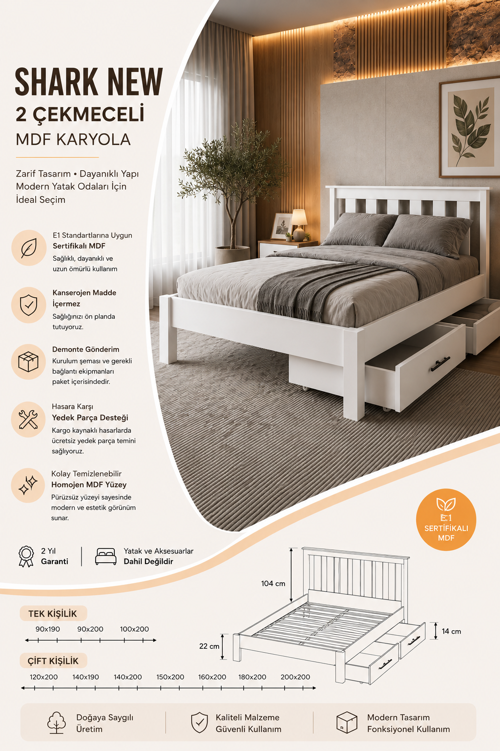 Shark New 2 Çekmeceli MDF Karyola 90x190 Beyaz