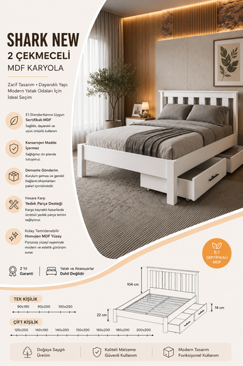 Shark New 2 Çekmeceli MDF Karyola 90x190 Beyaz