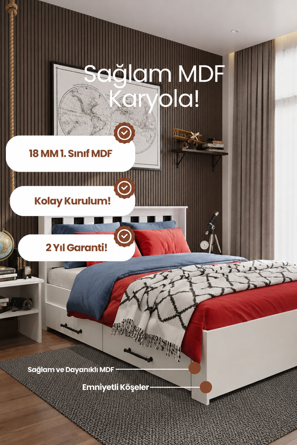 Stark 4 Çekmeceli MDF Karyola 90x190 Beyaz