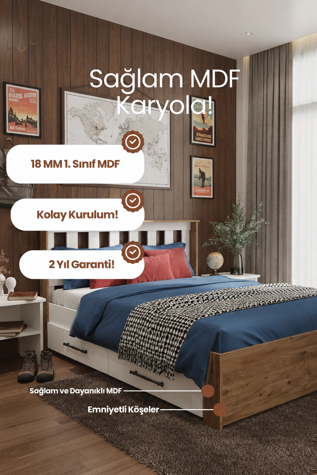Stark 2 Çekmeceli MDF Karyola 150x200 Beyaz