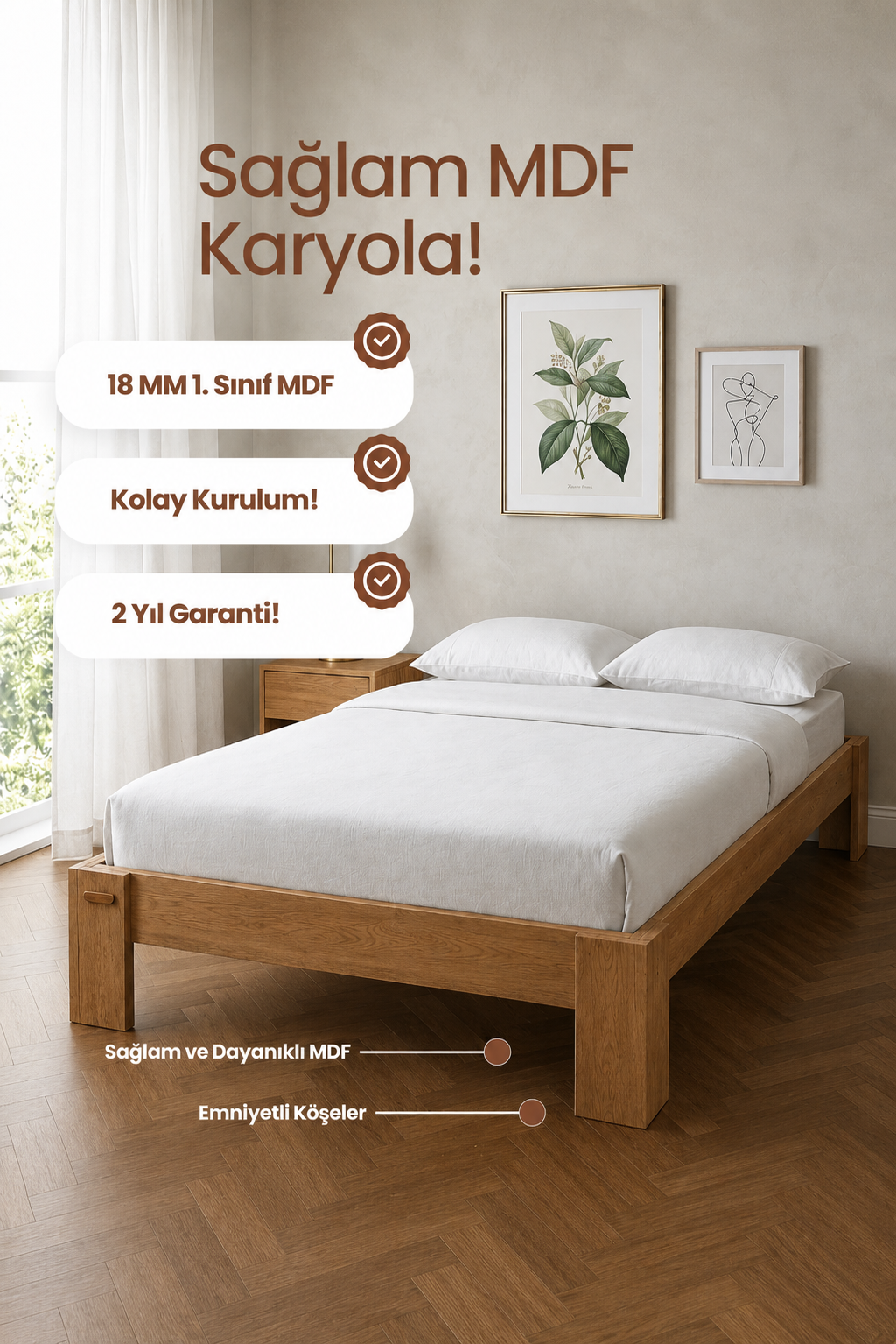Stillo Başlıksız Tek Kişilik MDF Karyola 150x200 Beyaz
