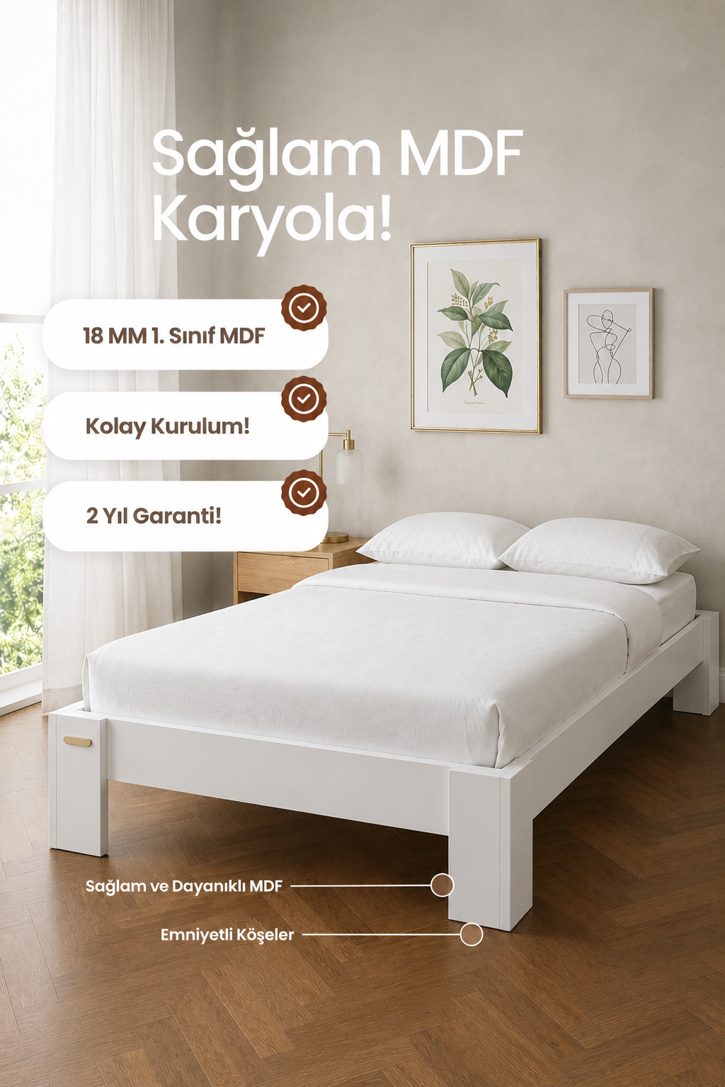 Stillo Başlıksız Tek Kişilik MDF Karyola 90x190 Beyaz