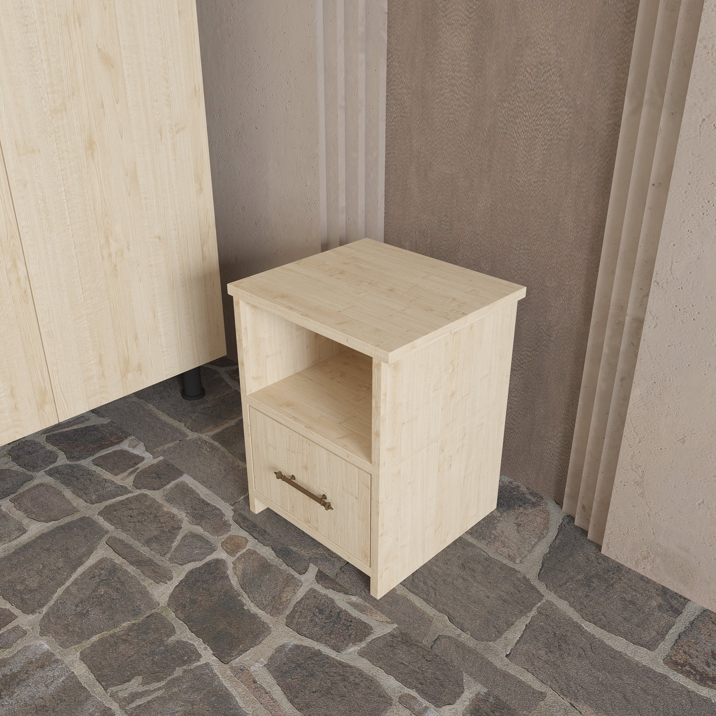 Soft Wood Model Ceviz Renk Çekmeceli Masif Ahşap Komodin