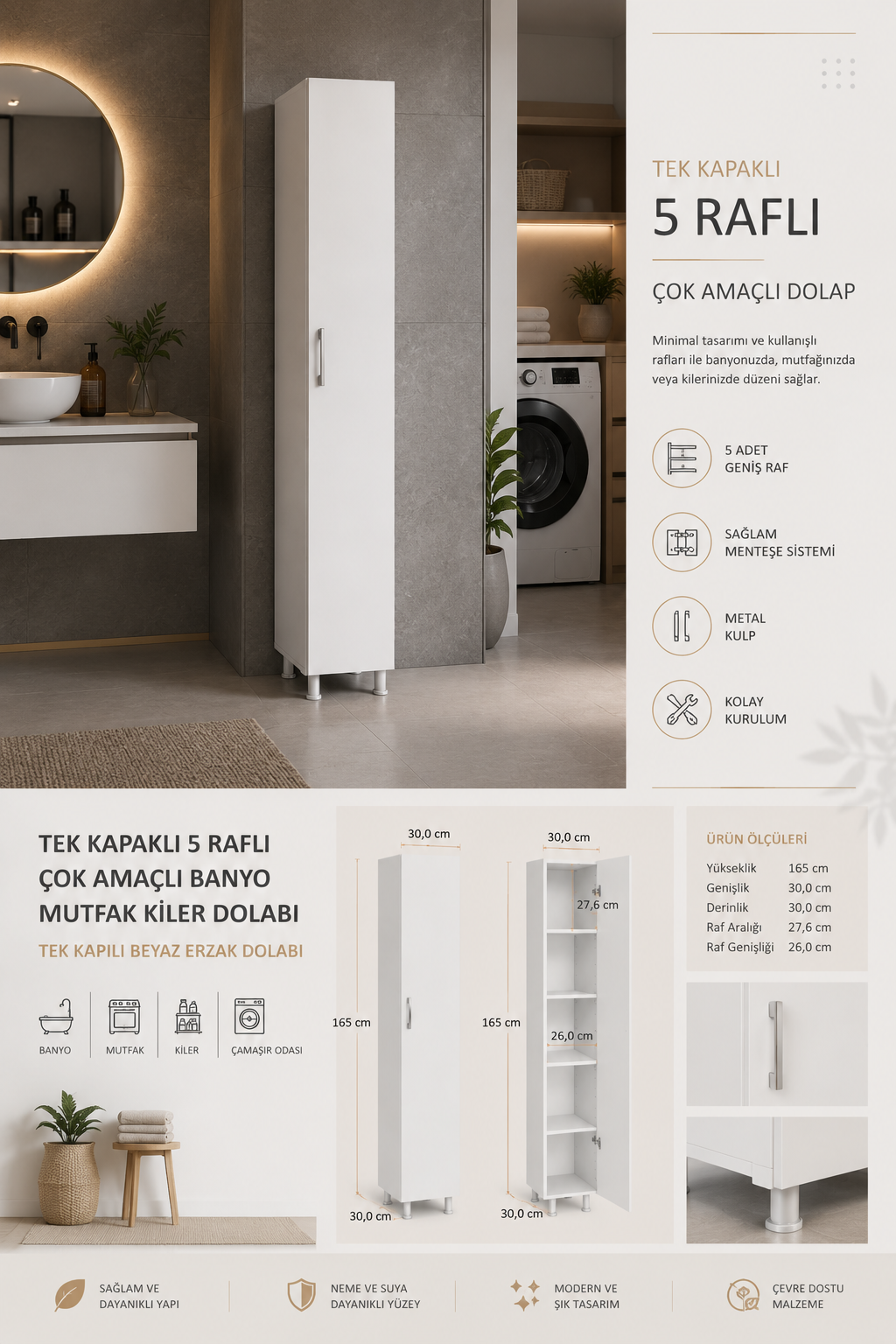 %100 Mdf Tek Kapaklı 5 Raflı Çok Amaçlı Banyo Mutfak Kiler Erzak Dolabı 1 Kapaklı 165x30 Beyaz