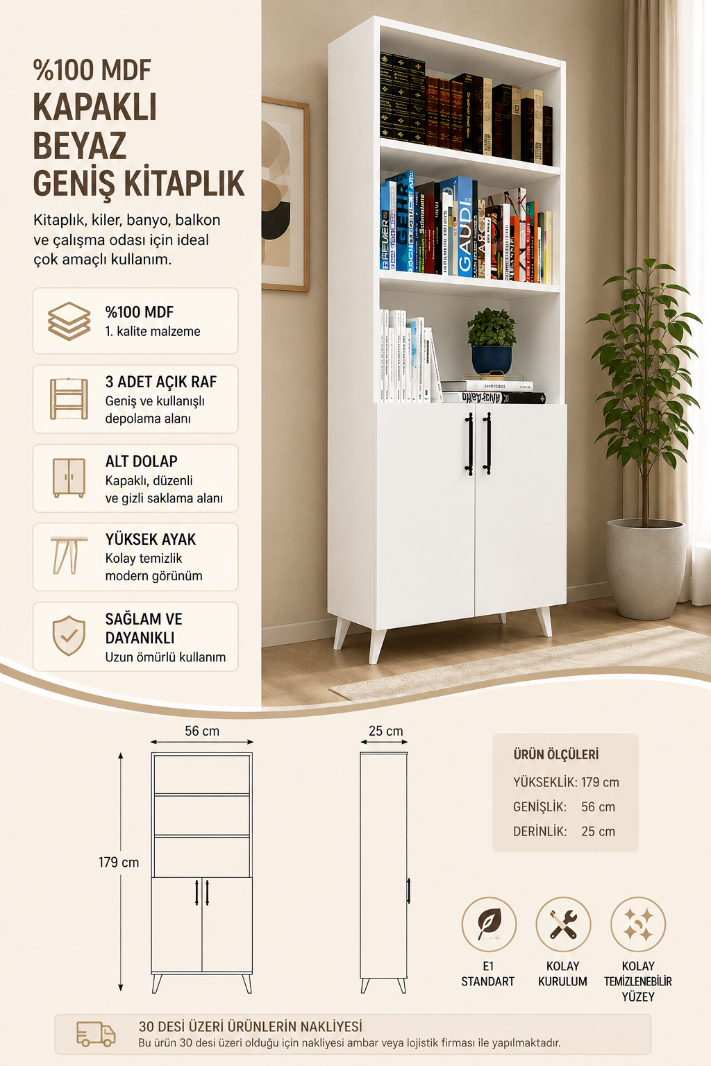 %100 Mdf Kapaklı Tekli Modül Ayaklı Beyaz Geniş Kitaplık 179x56 Beyaz