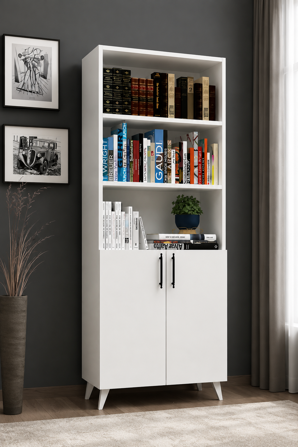 %100 Mdf Kapaklı Tekli Modül Ayaklı Beyaz Geniş Kitaplık