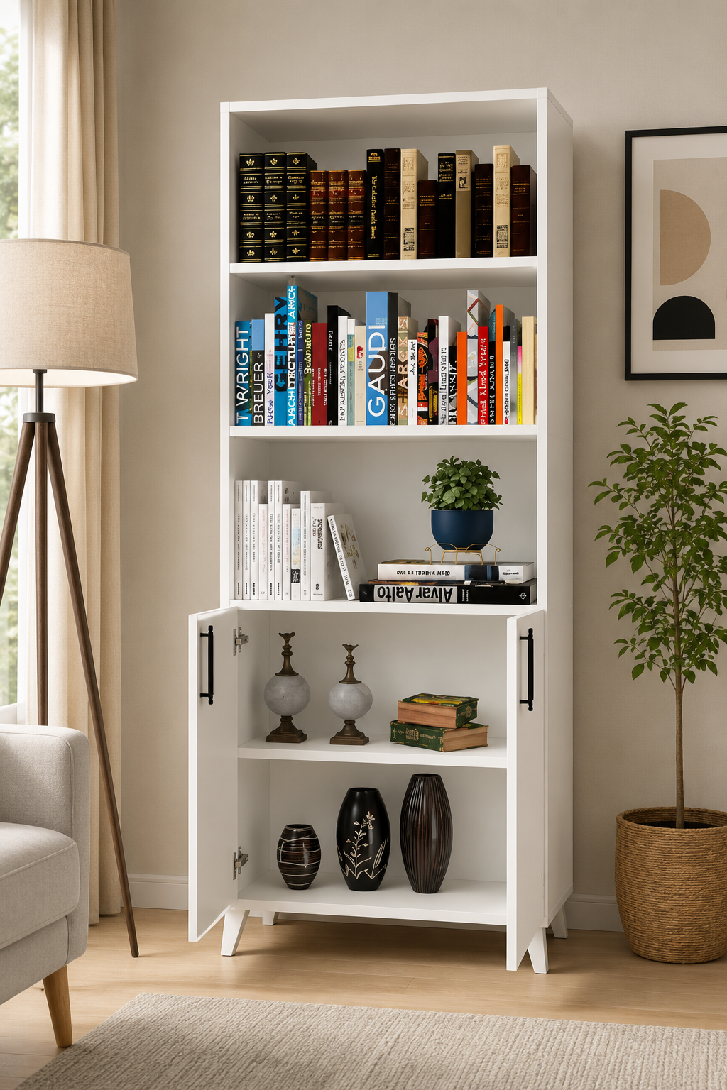 %100 Mdf Kapaklı Tekli Modül Ayaklı Beyaz Geniş Kitaplık